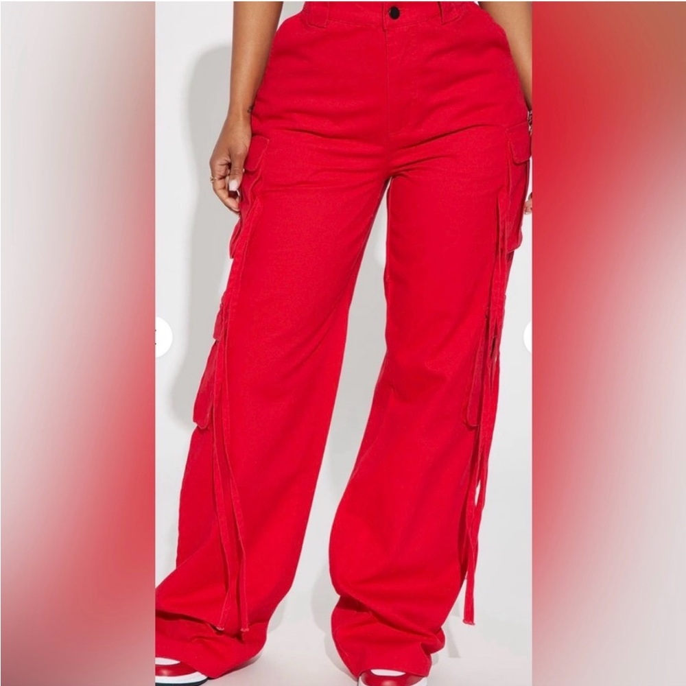 Fashion Nova Red Wide Leg Cargo Pants - Picture 3 of 4